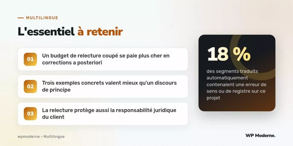 L'essentiel à retenir : Un budget de relecture coupé se paie plus cher en corrections a posteriori ; Trois exemples concrets valent mieux qu'un discours de principe ; La relecture protège aussi la responsabilité juridique du client