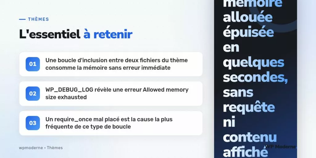 L'essentiel à retenir : Une boucle d'inclusion entre deux fichiers du thème consomme la mémoire sans erreur immédiate ; WP_DEBUG_LOG révèle une erreur Allowed memory size exhausted ; Un require_once mal placé est la cause la plus fréquente de ce type de boucle