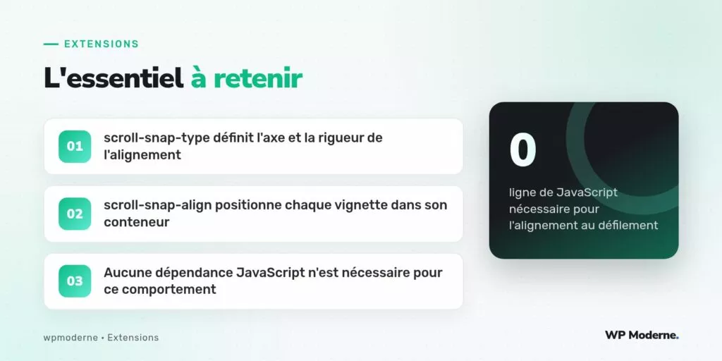 L'essentiel à retenir : scroll-snap-type définit l'axe et la rigueur de l'alignement ; scroll-snap-align positionne chaque vignette dans son conteneur ; Aucune dépendance JavaScript n'est nécessaire pour ce comportement