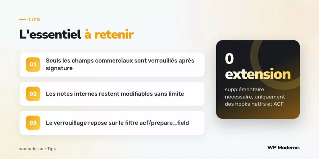 L'essentiel à retenir : Seuls les champs commerciaux sont verrouillés après signature ; Les notes internes restent modifiables sans limite ; Le verrouillage repose sur le filtre acf/prepare_field