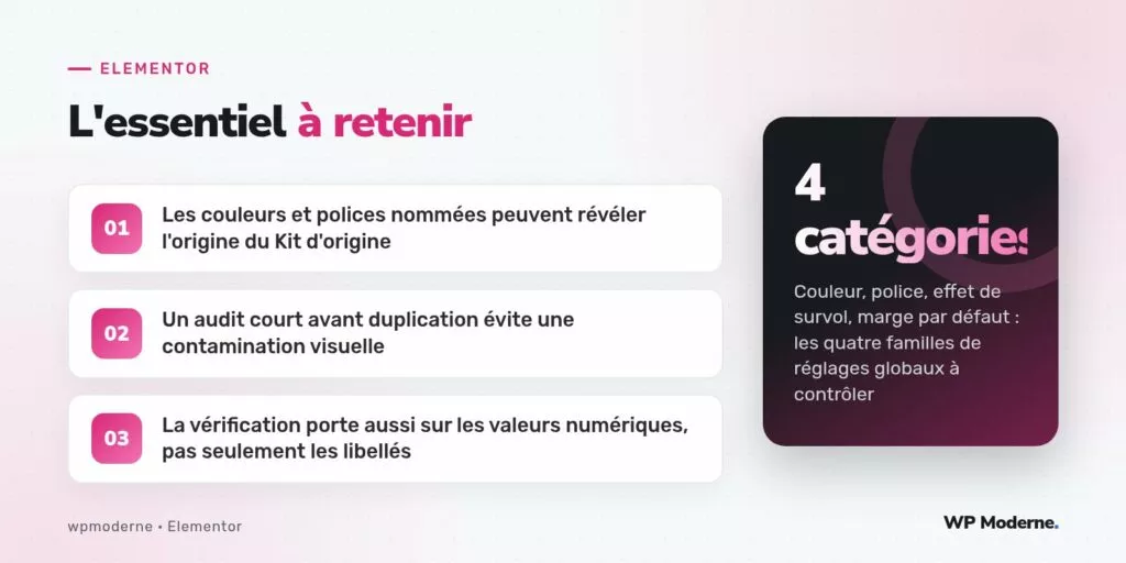 L'essentiel à retenir : Les couleurs et polices nommées peuvent révéler l'origine du Kit d'origine ; Un audit court avant duplication évite une contamination visuelle ; La vérification porte aussi sur les valeurs numériques, pas seulement les libellés