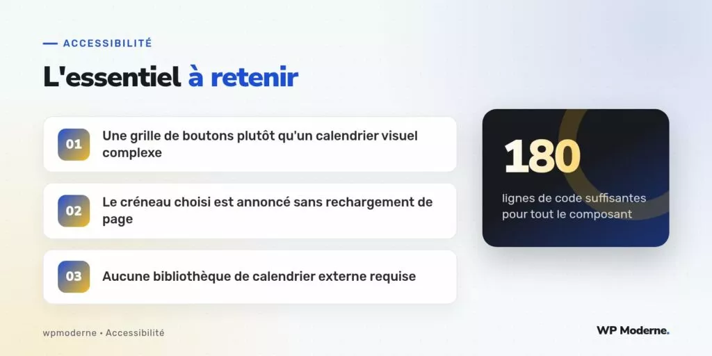 L'essentiel à retenir : Une grille de boutons plutôt qu'un calendrier visuel complexe ; Le créneau choisi est annoncé sans rechargement de page ; Aucune bibliothèque de calendrier externe requise