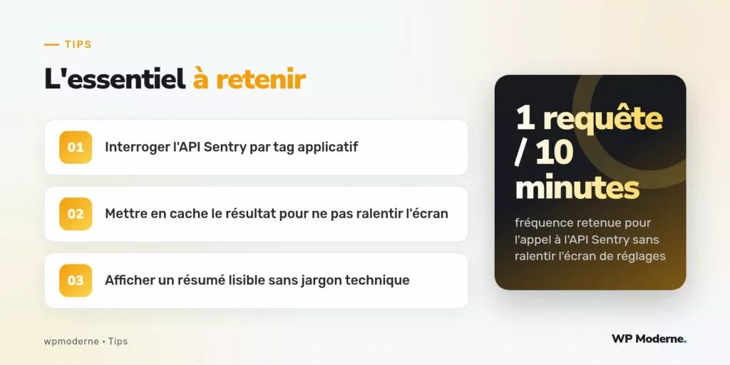 L'essentiel à retenir : Interroger l'API Sentry par tag applicatif ; Mettre en cache le résultat pour ne pas ralentir l'écran ; Afficher un résumé lisible sans jargon technique