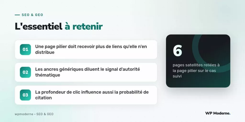L'essentiel à retenir : Une page pilier doit recevoir plus de liens qu'elle n'en distribue ; Les ancres génériques diluent le signal d'autorité thématique ; La profondeur de clic influence aussi la probabilité de citation