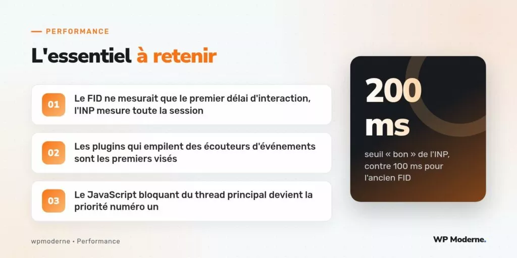 L'essentiel à retenir : Le FID ne mesurait que le premier délai d'interaction, l'INP mesure toute la session ; Les plugins qui empilent des écouteurs d'événements sont les premiers visés ; Le JavaScript bloquant du thread principal devient la priorité numéro un