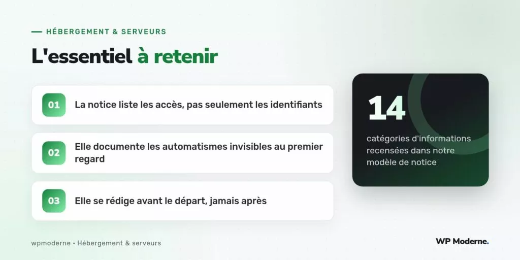 L'essentiel à retenir : La notice liste les accès, pas seulement les identifiants ; Elle documente les automatismes invisibles au premier regard ; Elle se rédige avant le départ, jamais après