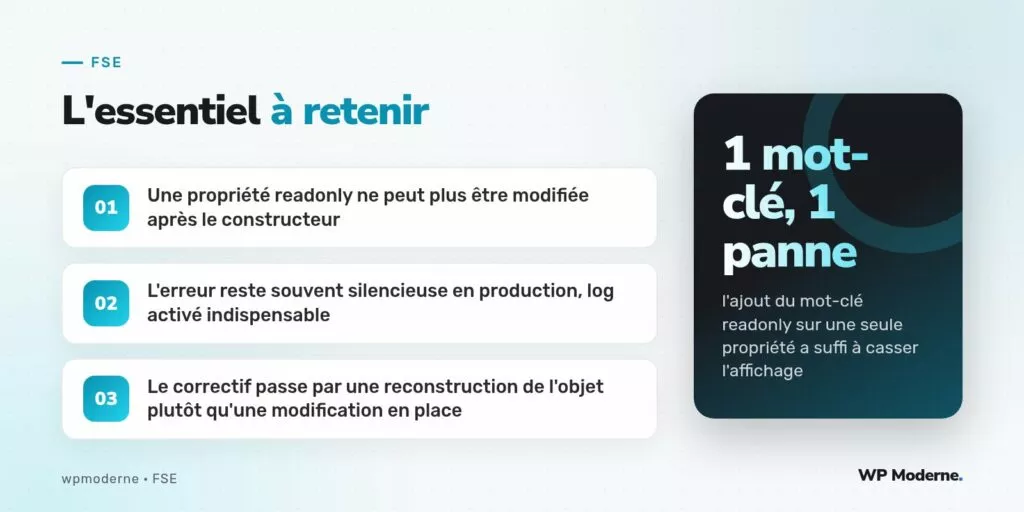 L'essentiel à retenir : Une propriété readonly ne peut plus être modifiée après le constructeur ; L'erreur reste souvent silencieuse en production, log activé indispensable ; Le correctif passe par une reconstruction de l'objet plutôt qu'une modification en place