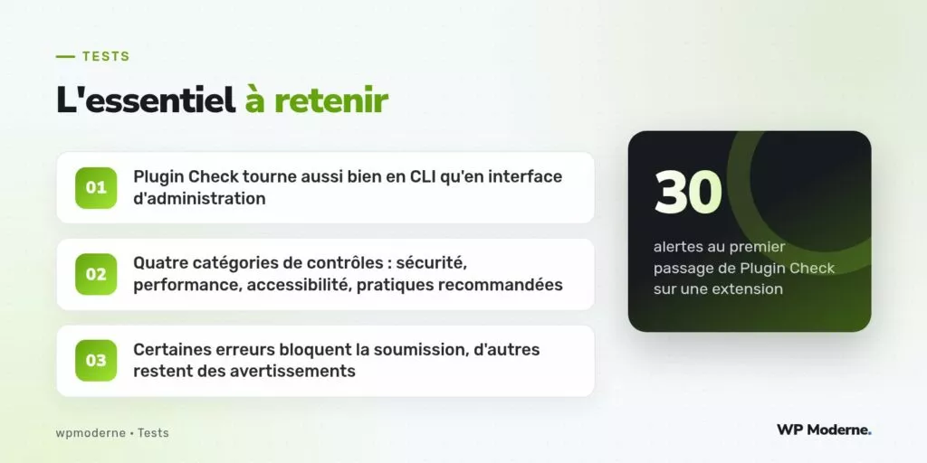 L'essentiel à retenir : Plugin Check tourne aussi bien en CLI qu'en interface d'administration ; Quatre catégories de contrôles : sécurité, performance, accessibilité, pratiques recommandées ; Certaines erreurs bloquent la soumission, d'autres restent des avertissements