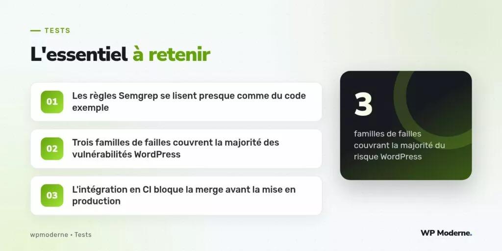 L'essentiel à retenir : Les règles Semgrep se lisent presque comme du code exemple ; Trois familles de failles couvrent la majorité des vulnérabilités WordPress ; L'intégration en CI bloque la merge avant la mise en production