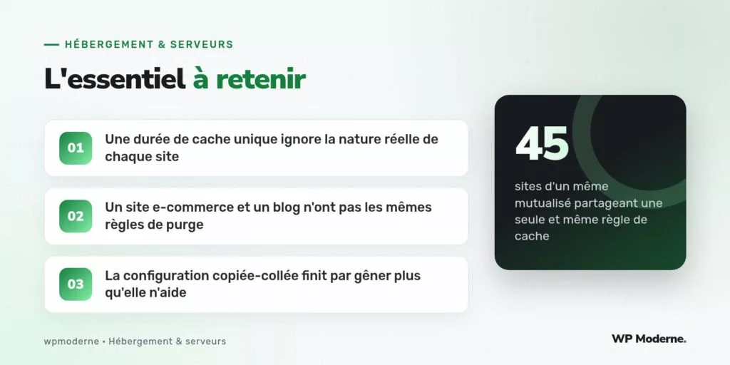 L'essentiel à retenir : Une durée de cache unique ignore la nature réelle de chaque site ; Un site e-commerce et un blog n'ont pas les mêmes règles de purge ; La configuration copiée-collée finit par gêner plus qu'elle n'aide