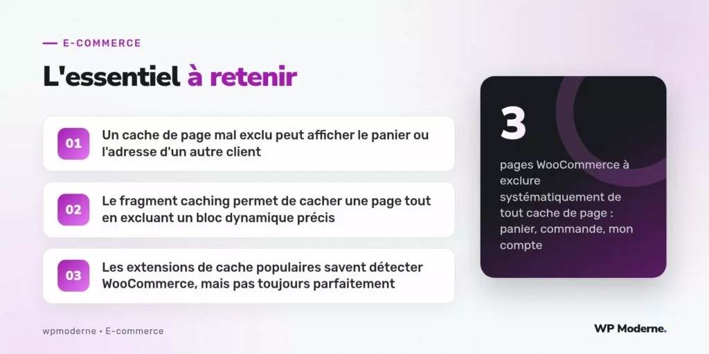 L'essentiel à retenir : Un cache de page mal exclu peut afficher le panier ou l'adresse d'un autre client ; Le fragment caching permet de cacher une page tout en excluant un bloc dynamique précis ; Les extensions de cache populaires savent détecter WooCommerce, mais pas toujours parfaitement