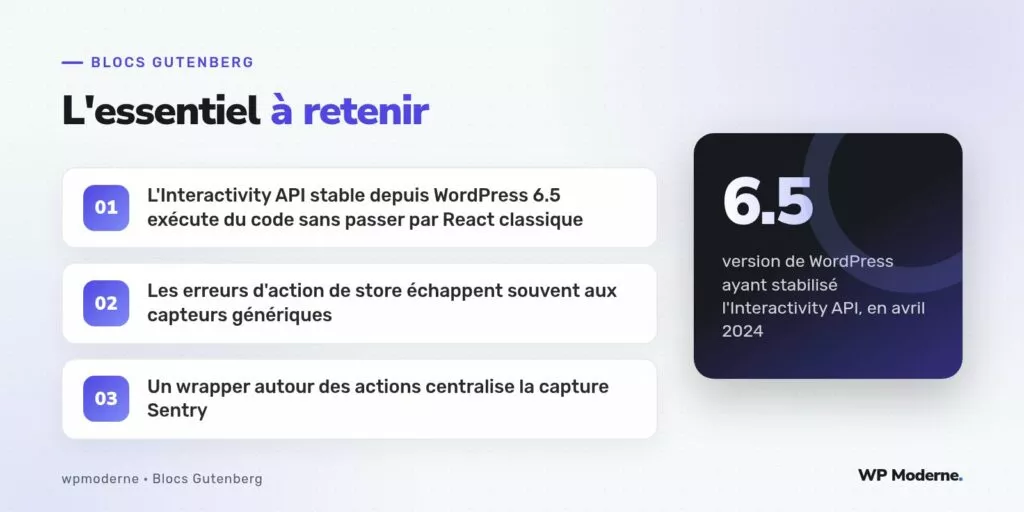 L'essentiel à retenir : L'Interactivity API stable depuis WordPress 6.5 exécute du code sans passer par React classique ; Les erreurs d'action de store échappent souvent aux capteurs génériques ; Un wrapper autour des actions centralise la capture Sentry