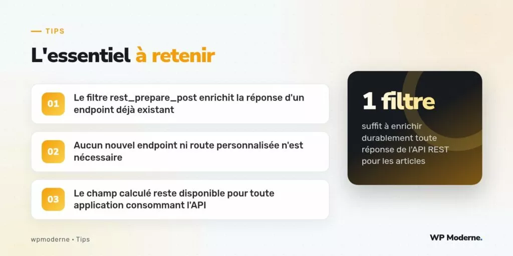 L'essentiel à retenir : Le filtre rest_prepare_post enrichit la réponse d'un endpoint déjà existant ; Aucun nouvel endpoint ni route personnalisée n'est nécessaire ; Le champ calculé reste disponible pour toute application consommant l'API