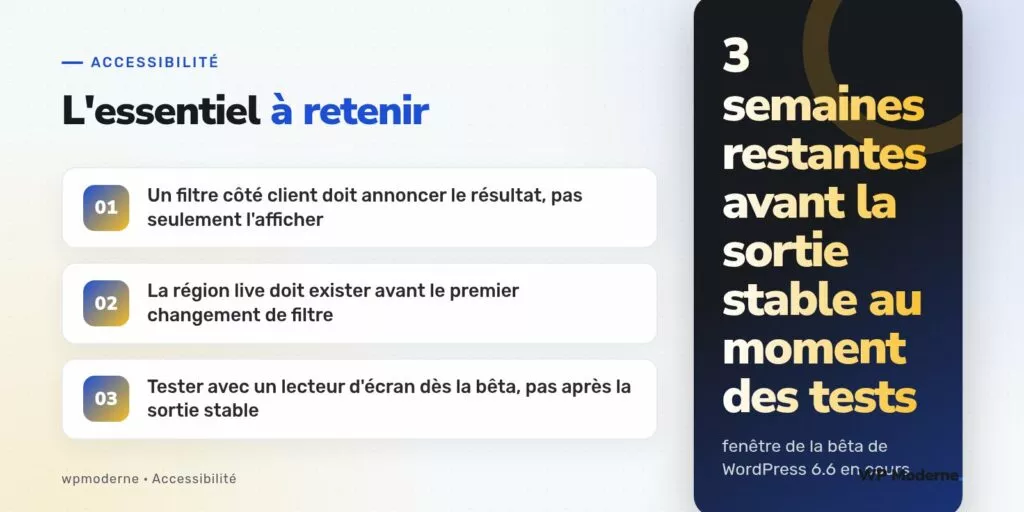 L'essentiel à retenir : Un filtre côté client doit annoncer le résultat, pas seulement l'afficher ; La région live doit exister avant le premier changement de filtre ; Tester avec un lecteur d'écran dès la bêta, pas après la sortie stable