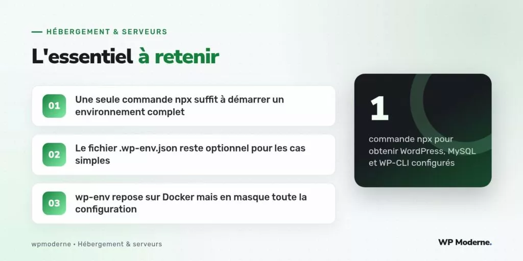 L'essentiel à retenir : Une seule commande npx suffit à démarrer un environnement complet ; Le fichier .wp-env.json reste optionnel pour les cas simples ; wp-env repose sur Docker mais en masque toute la configuration