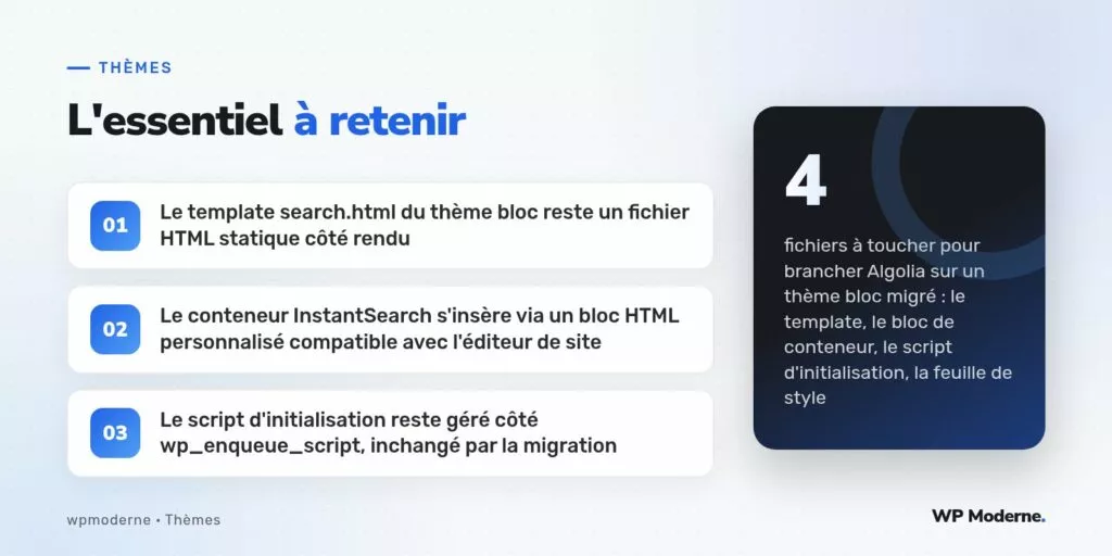 L'essentiel à retenir : Le template search.html du thème bloc reste un fichier HTML statique côté rendu ; Le conteneur InstantSearch s'insère via un bloc HTML personnalisé compatible avec l'éditeur de site ; Le script d'initialisation reste géré côté wp_enqueue_script, inchangé par la migration