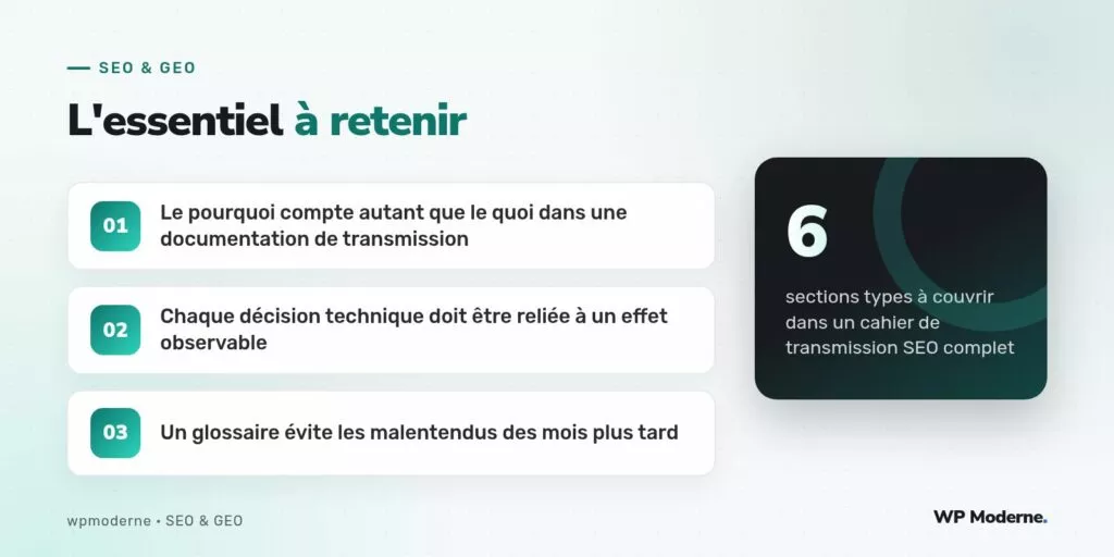 L'essentiel à retenir : Le pourquoi compte autant que le quoi dans une documentation de transmission ; Chaque décision technique doit être reliée à un effet observable ; Un glossaire évite les malentendus des mois plus tard