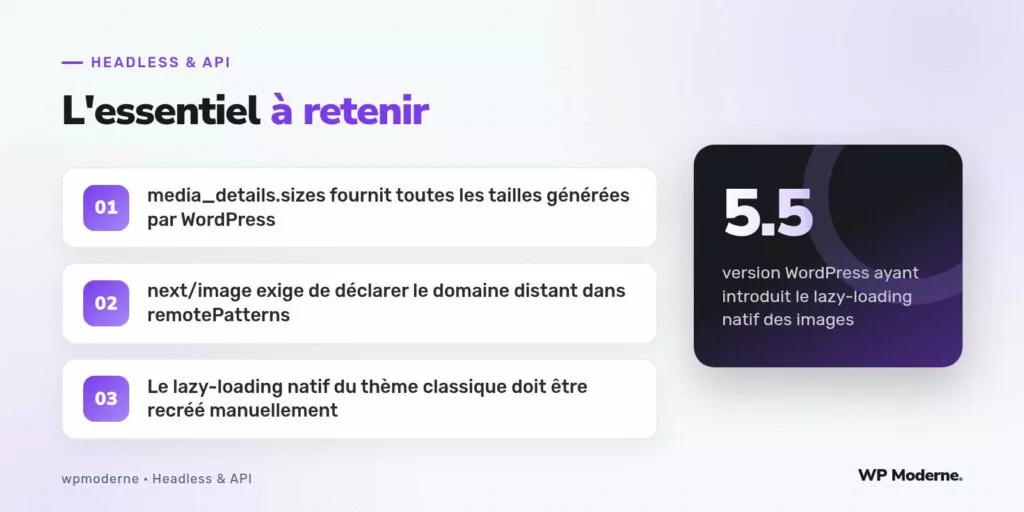 L'essentiel à retenir : media_details.sizes fournit toutes les tailles générées par WordPress ; next/image exige de déclarer le domaine distant dans remotePatterns ; Le lazy-loading natif du thème classique doit être recréé manuellement