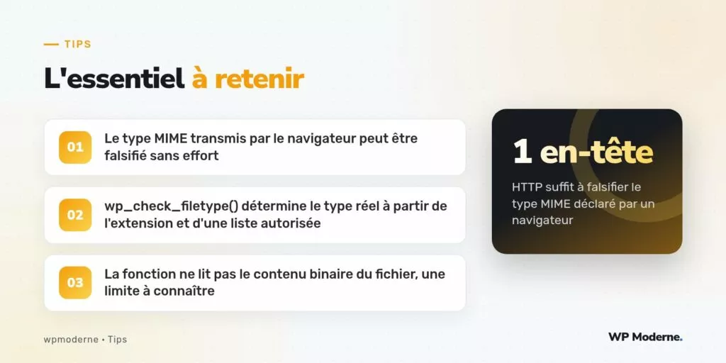 L'essentiel à retenir : Le type MIME transmis par le navigateur peut être falsifié sans effort ; wp_check_filetype() détermine le type réel à partir de l'extension et d'une liste autorisée ; La fonction ne lit pas le contenu binaire du fichier, une limite à connaître