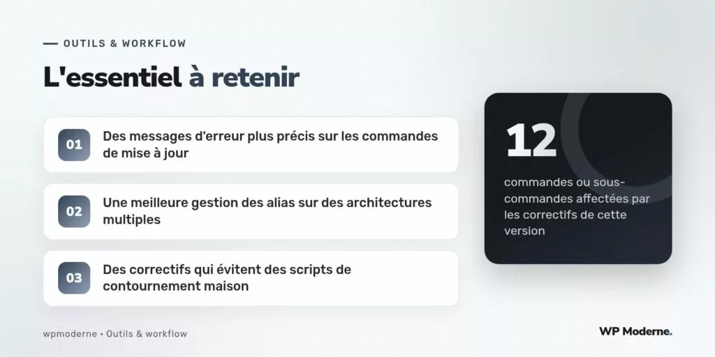 L'essentiel à retenir : Des messages d'erreur plus précis sur les commandes de mise à jour ; Une meilleure gestion des alias sur des architectures multiples ; Des correctifs qui évitent des scripts de contournement maison