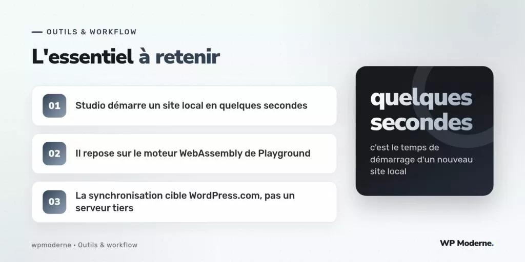 L'essentiel à retenir : Studio démarre un site local en quelques secondes ; Il repose sur le moteur WebAssembly de Playground ; La synchronisation cible WordPress.com, pas un serveur tiers