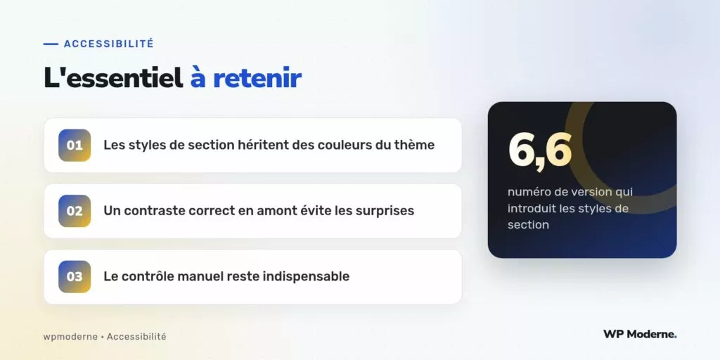 L'essentiel à retenir : Les styles de section héritent des couleurs du thème ; Un contraste correct en amont évite les surprises ; Le contrôle manuel reste indispensable