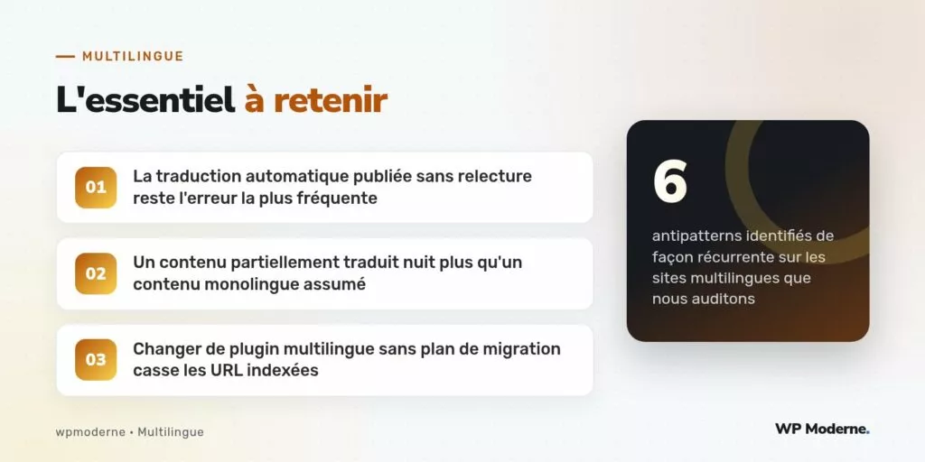 L'essentiel à retenir : La traduction automatique publiée sans relecture reste l'erreur la plus fréquente ; Un contenu partiellement traduit nuit plus qu'un contenu monolingue assumé ; Changer de plugin multilingue sans plan de migration casse les URL indexées