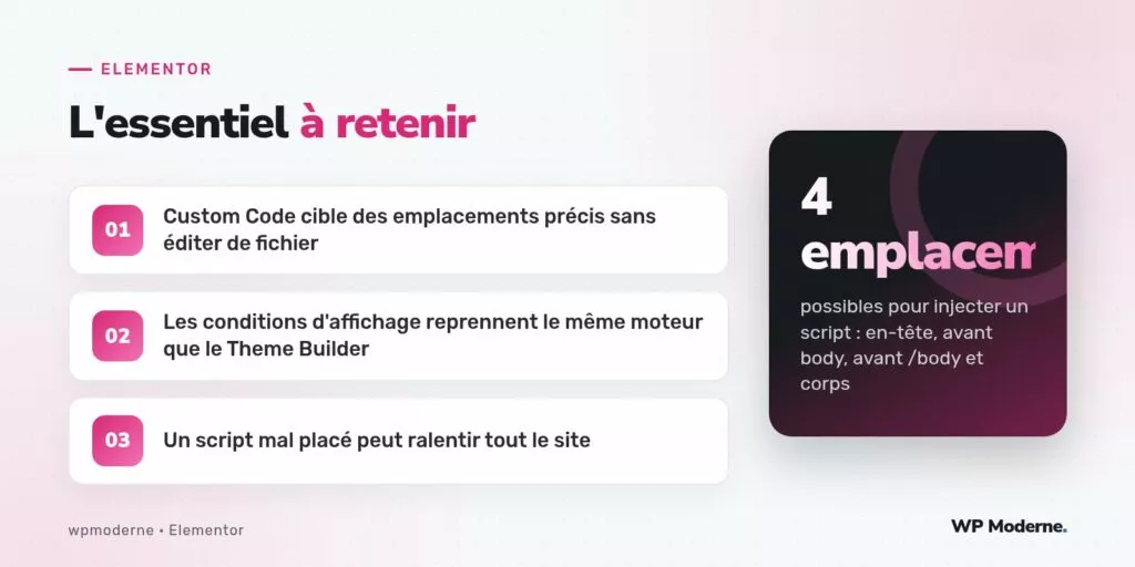 L'essentiel à retenir : Custom Code cible des emplacements précis sans éditer de fichier ; Les conditions d'affichage reprennent le même moteur que le Theme Builder ; Un script mal placé peut ralentir tout le site