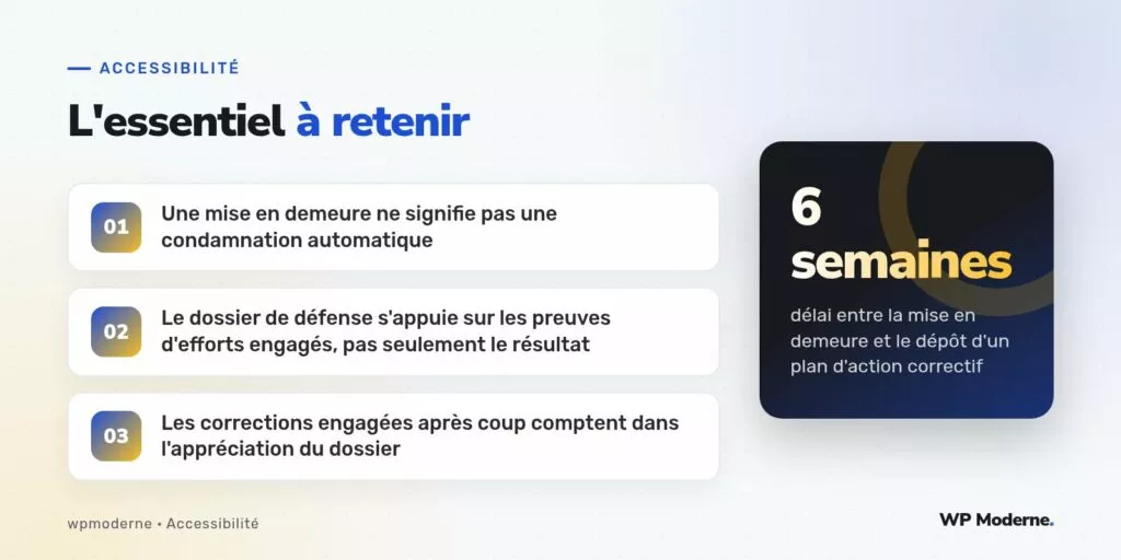 L'essentiel à retenir : Une mise en demeure ne signifie pas une condamnation automatique ; Le dossier de défense s'appuie sur les preuves d'efforts engagés, pas seulement le résultat ; Les corrections engagées après coup comptent dans l'appréciation du dossier