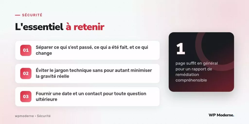 L'essentiel à retenir : Séparer ce qui s'est passé, ce qui a été fait, et ce qui change ; Éviter le jargon technique sans pour autant minimiser la gravité réelle ; Fournir une date et un contact pour toute question ultérieure