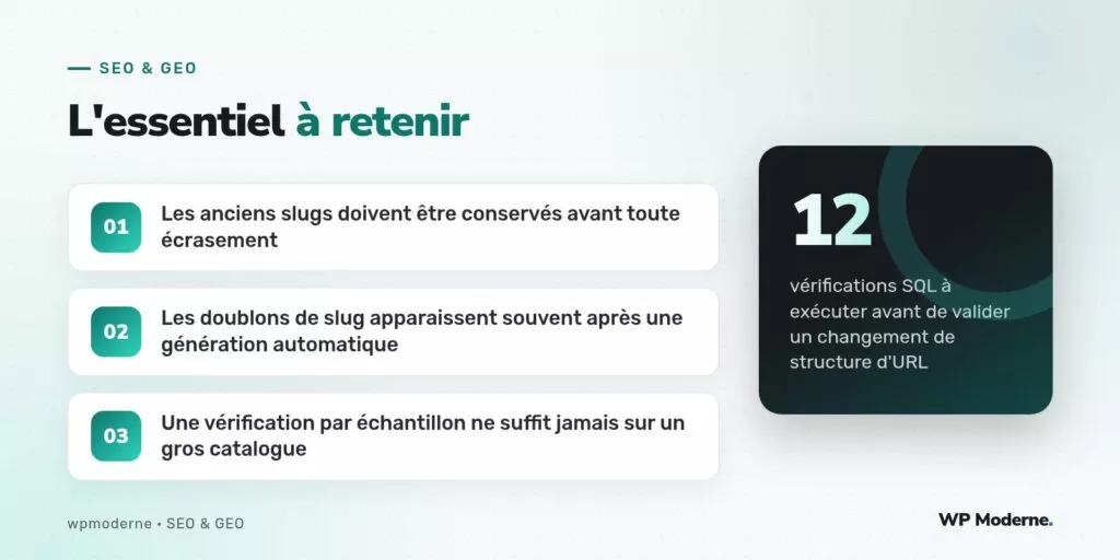 L'essentiel à retenir : Les anciens slugs doivent être conservés avant toute écrasement ; Les doublons de slug apparaissent souvent après une génération automatique ; Une vérification par échantillon ne suffit jamais sur un gros catalogue