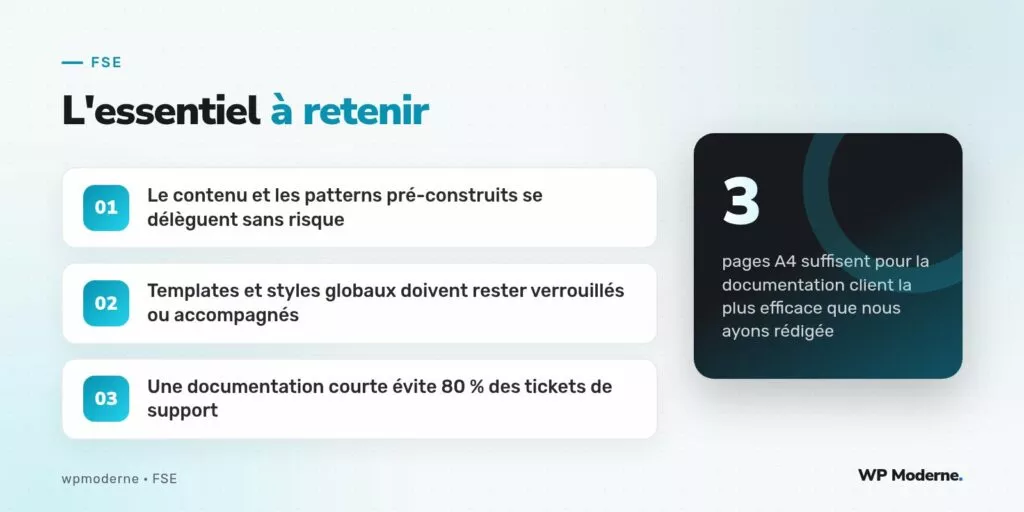 L'essentiel à retenir : Le contenu et les patterns pré-construits se délèguent sans risque ; Templates et styles globaux doivent rester verrouillés ou accompagnés ; Une documentation courte évite 80 % des tickets de support