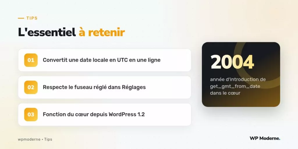L'essentiel à retenir : Convertit une date locale en UTC en une ligne ; Respecte le fuseau réglé dans Réglages ; Fonction du cœur depuis WordPress 1.2