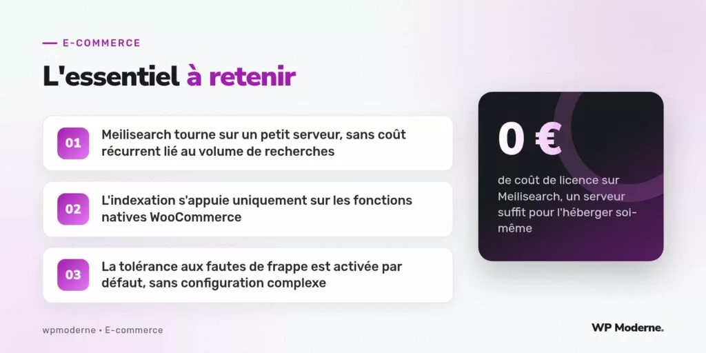 L'essentiel à retenir : Meilisearch tourne sur un petit serveur, sans coût récurrent lié au volume de recherches ; L'indexation s'appuie uniquement sur les fonctions natives WooCommerce ; La tolérance aux fautes de frappe est activée par défaut, sans configuration complexe