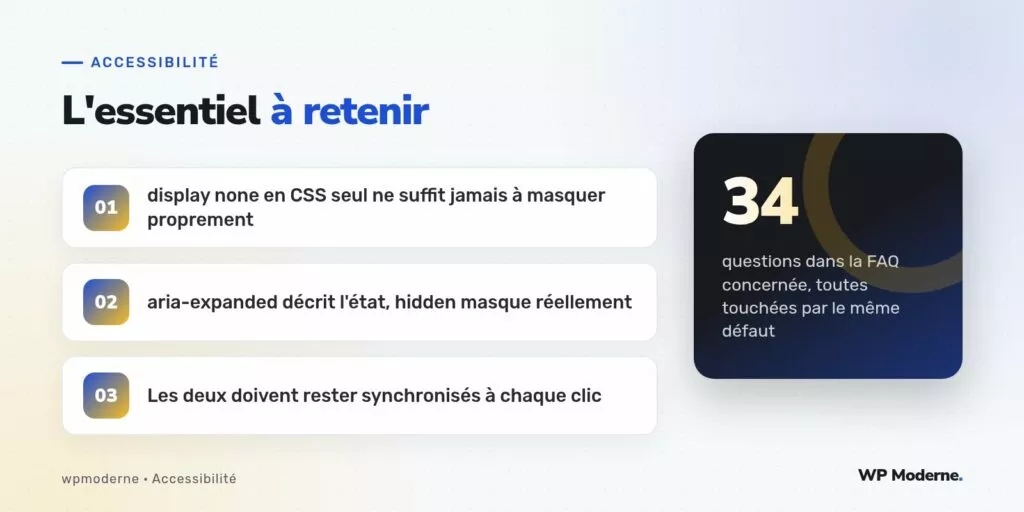 L'essentiel à retenir : display none en CSS seul ne suffit jamais à masquer proprement ; aria-expanded décrit l'état, hidden masque réellement ; Les deux doivent rester synchronisés à chaque clic