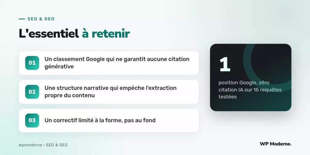L'essentiel à retenir : Un classement Google qui ne garantit aucune citation générative ; Une structure narrative qui empêche l'extraction propre du contenu ; Un correctif limité à la forme, pas au fond