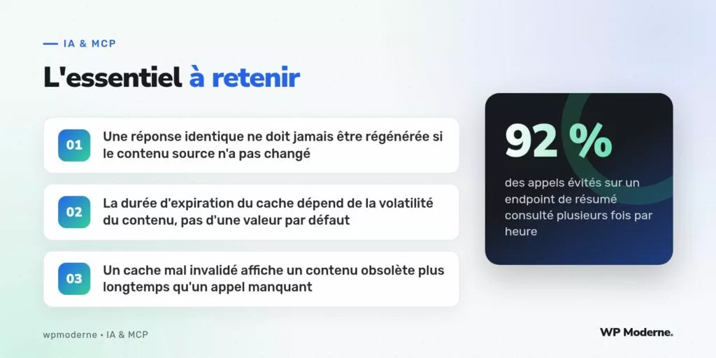 L'essentiel à retenir : Une réponse identique ne doit jamais être régénérée si le contenu source n'a pas changé ; La durée d'expiration du cache dépend de la volatilité du contenu, pas d'une valeur par défaut ; Un cache mal invalidé affiche un contenu obsolète plus longtemps qu'un appel manquant