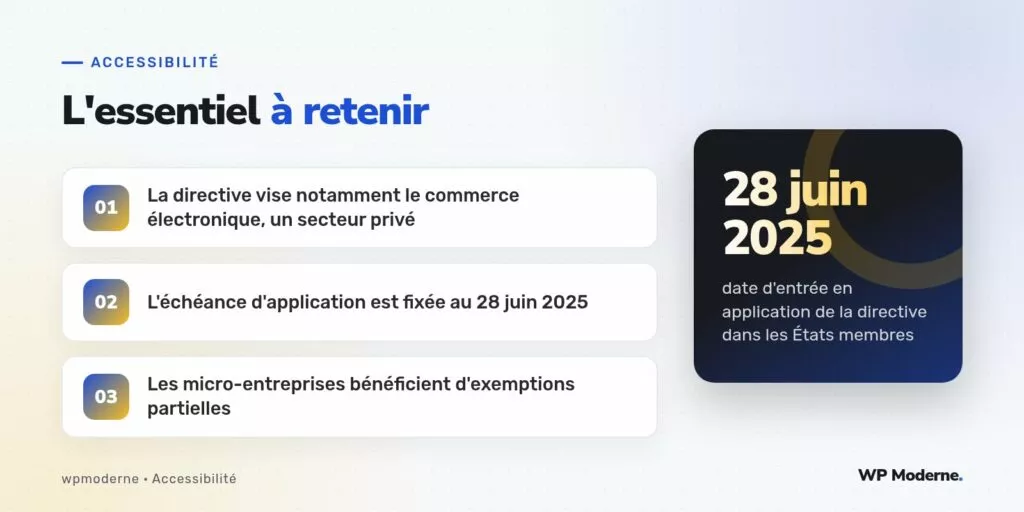 L'essentiel à retenir : La directive vise notamment le commerce électronique, un secteur privé ; L'échéance d'application est fixée au 28 juin 2025 ; Les micro-entreprises bénéficient d'exemptions partielles