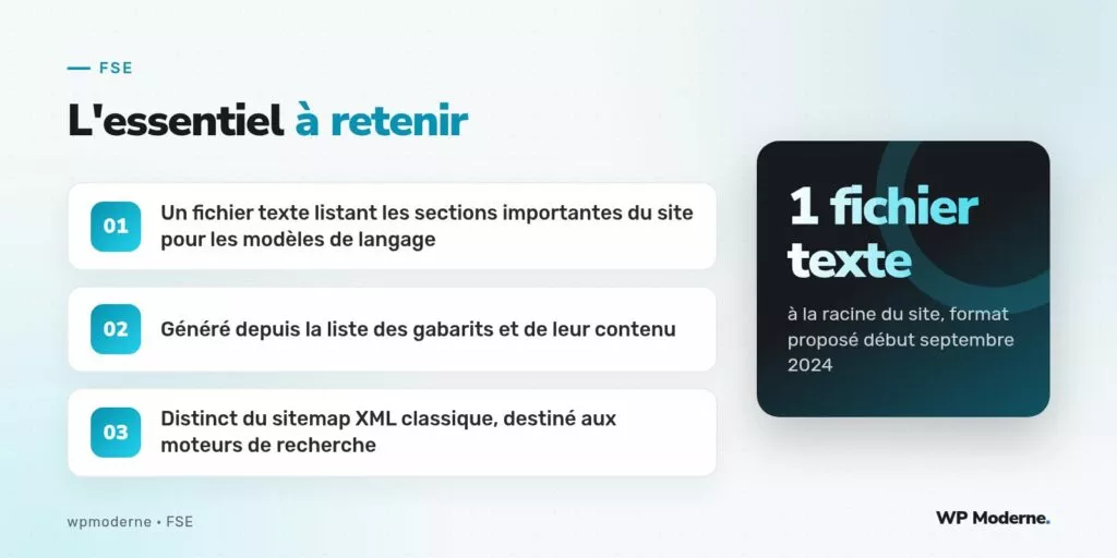 L'essentiel à retenir : Un fichier texte listant les sections importantes du site pour les modèles de langage ; Généré depuis la liste des gabarits et de leur contenu ; Distinct du sitemap XML classique, destiné aux moteurs de recherche