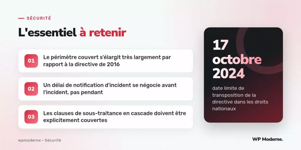 L'essentiel à retenir : Le périmètre couvert s'élargit très largement par rapport à la directive de 2016 ; Un délai de notification d'incident se négocie avant l'incident, pas pendant ; Les clauses de sous-traitance en cascade doivent être explicitement couvertes