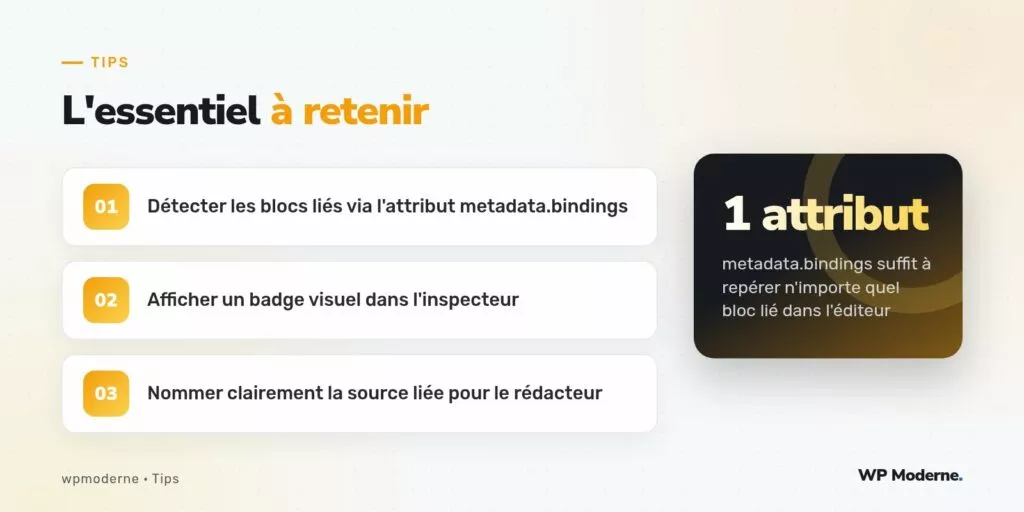 L'essentiel à retenir : Détecter les blocs liés via l'attribut metadata.bindings ; Afficher un badge visuel dans l'inspecteur ; Nommer clairement la source liée pour le rédacteur