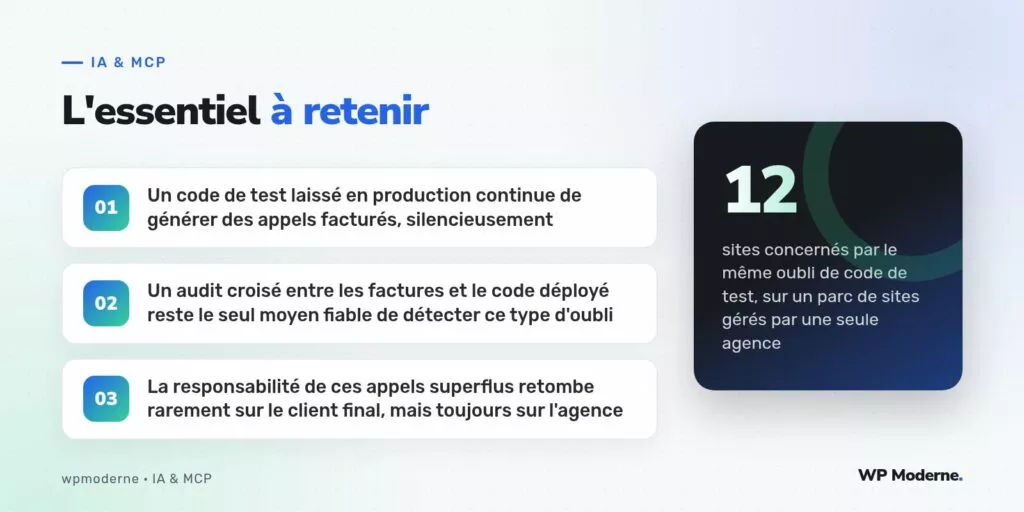 L'essentiel à retenir : Un code de test laissé en production continue de générer des appels facturés, silencieusement ; Un audit croisé entre les factures et le code déployé reste le seul moyen fiable de détecter ce type d'oubli ; La responsabilité de ces appels superflus retombe rarement sur le client final, mais toujours sur l'agence