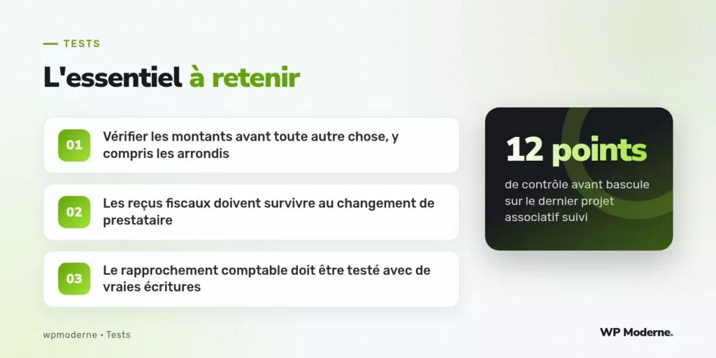 L'essentiel à retenir : Vérifier les montants avant toute autre chose, y compris les arrondis ; Les reçus fiscaux doivent survivre au changement de prestataire ; Le rapprochement comptable doit être testé avec de vraies écritures