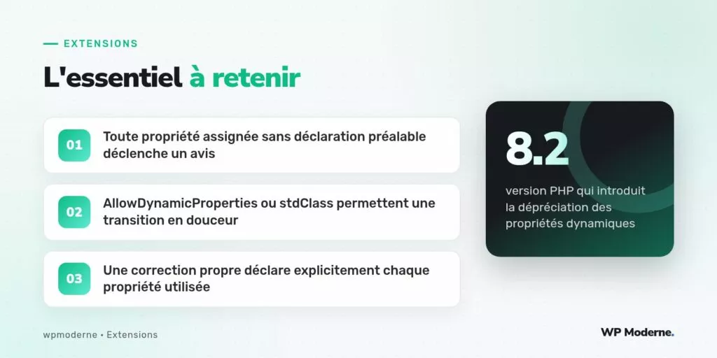 L'essentiel à retenir : Toute propriété assignée sans déclaration préalable déclenche un avis ; AllowDynamicProperties ou stdClass permettent une transition en douceur ; Une correction propre déclare explicitement chaque propriété utilisée