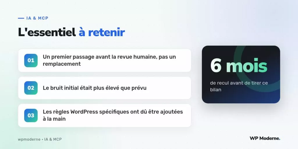 L'essentiel à retenir : Un premier passage avant la revue humaine, pas un remplacement ; Le bruit initial était plus élevé que prévu ; Les règles WordPress spécifiques ont dû être ajoutées à la main