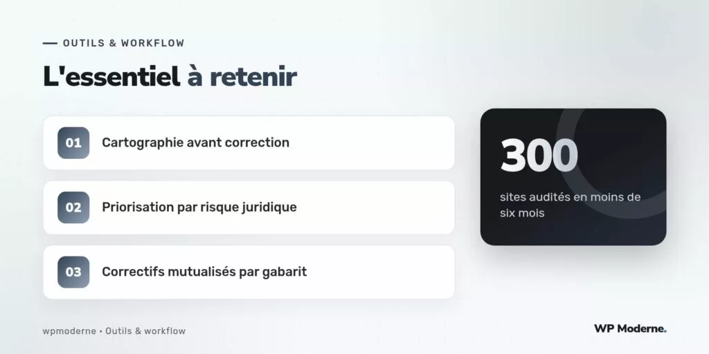 L'essentiel à retenir : Cartographie avant correction ; Priorisation par risque juridique ; Correctifs mutualisés par gabarit