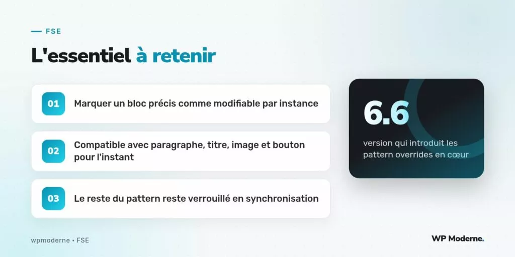 L'essentiel à retenir : Marquer un bloc précis comme modifiable par instance ; Compatible avec paragraphe, titre, image et bouton pour l'instant ; Le reste du pattern reste verrouillé en synchronisation