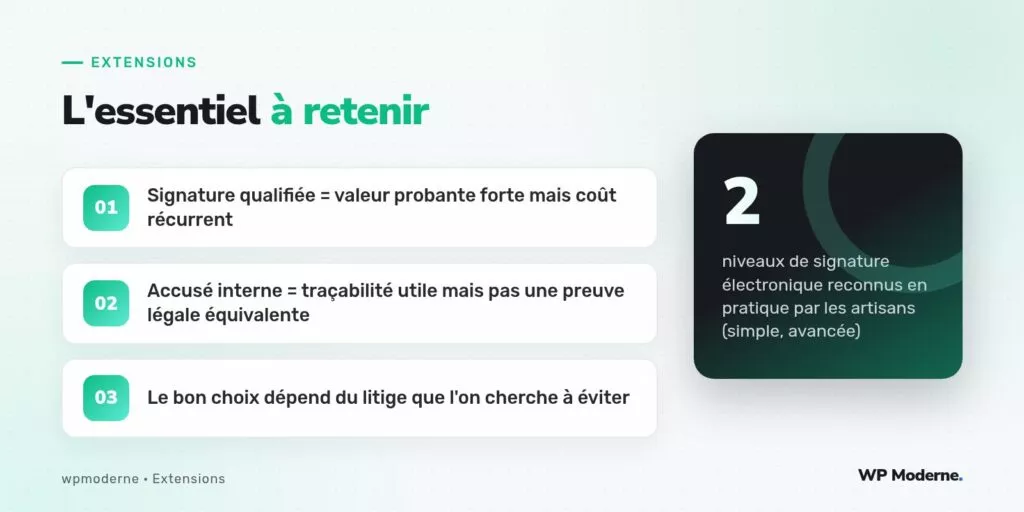 L'essentiel à retenir : Signature qualifiée = valeur probante forte mais coût récurrent ; Accusé interne = traçabilité utile mais pas une preuve légale équivalente ; Le bon choix dépend du litige que l'on cherche à éviter