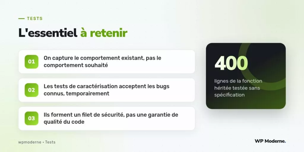L'essentiel à retenir : On capture le comportement existant, pas le comportement souhaité ; Les tests de caractérisation acceptent les bugs connus, temporairement ; Ils forment un filet de sécurité, pas une garantie de qualité du code