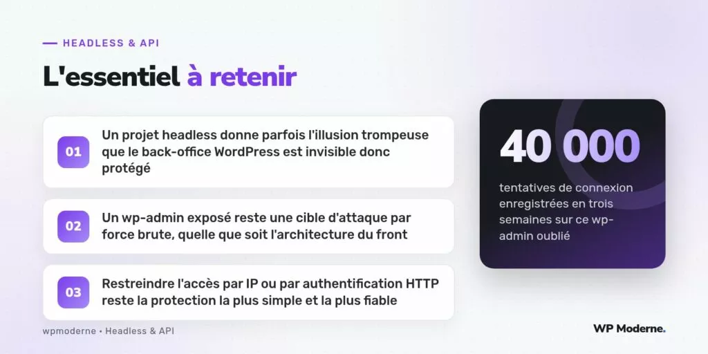 L'essentiel à retenir : Un projet headless donne parfois l'illusion trompeuse que le back-office WordPress est invisible donc protégé ; Un wp-admin exposé reste une cible d'attaque par force brute, quelle que soit l'architecture du front ; Restreindre l'accès par IP ou par authentification HTTP reste la protection la plus simple et la plus fiable